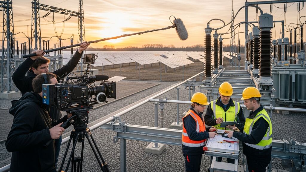 Filmteam dokumentiert Techniker an Umspannwerk mit Solaranlage im Hintergrund