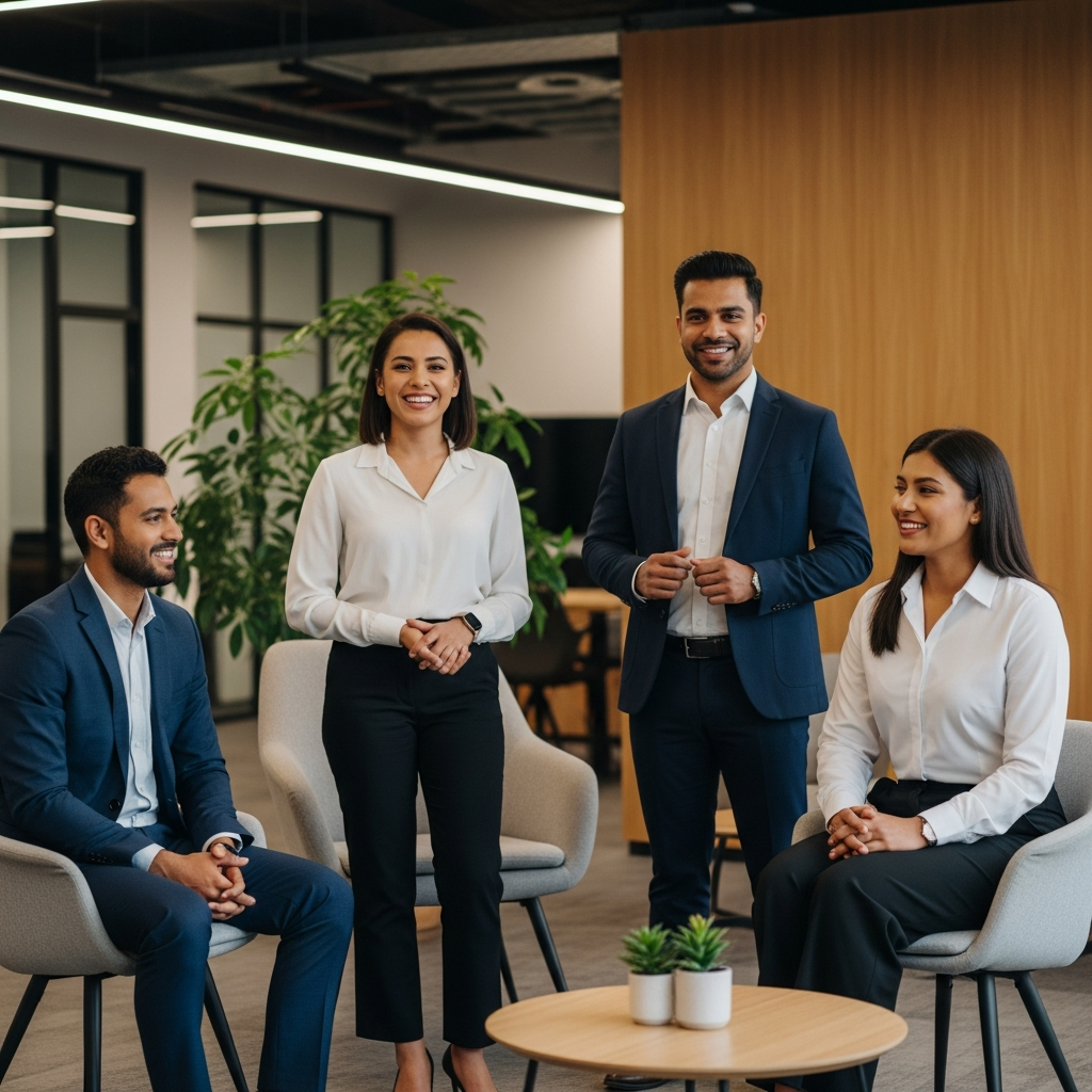 Mitarbeiterin blickt direkt in die Kamera während eines authentischen Recruiting-Videodrehs