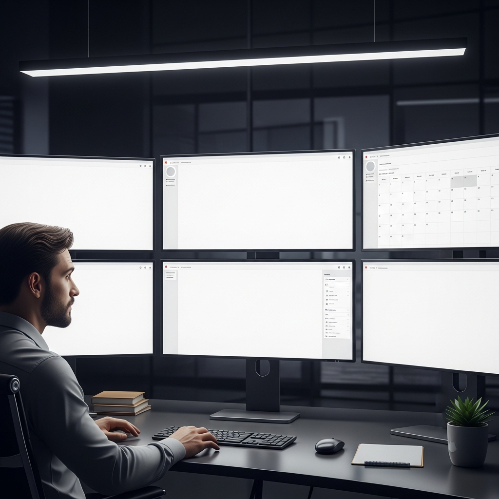 Überforderter Marketing-Manager vor leeren Content-Feeds